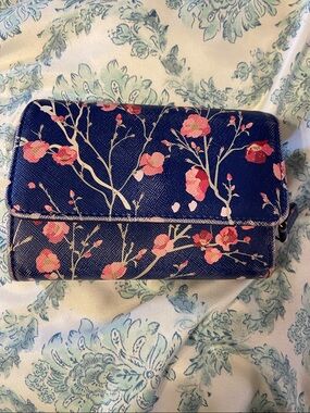 Navy Wallet - Pink Blossom Print